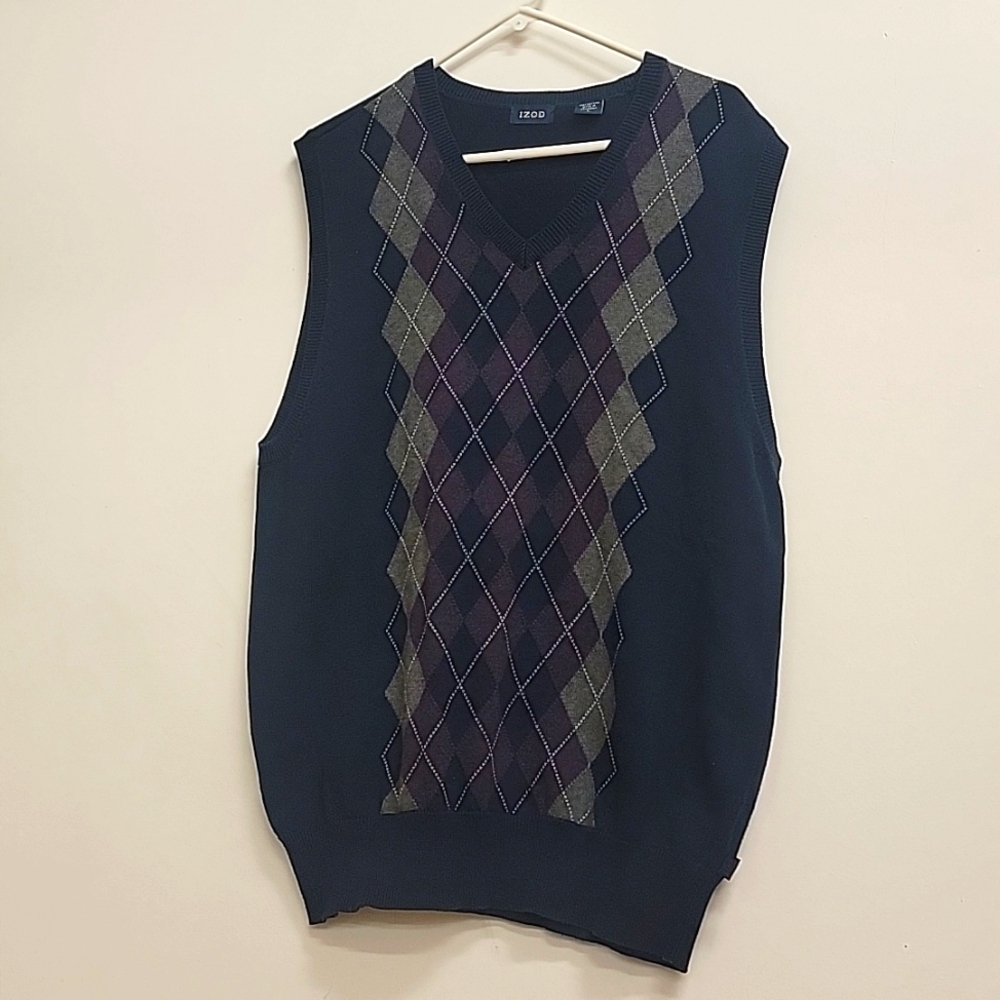 Izod Argyle Cotton Sweater Vest Black Gray Burgandy L